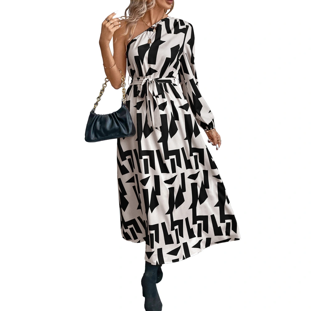 1 Shoulder Long Dress Unique Print Long Sleeves Stylish Maxi Dress for Work Vacation Dating Beach Apricot XL