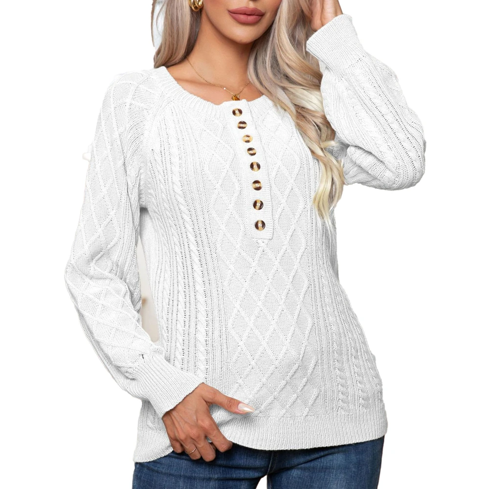 Women Pullover Cable Knit Sweater Button Front Long Sleeve Crew Neck Fall Knitted Sweater White M