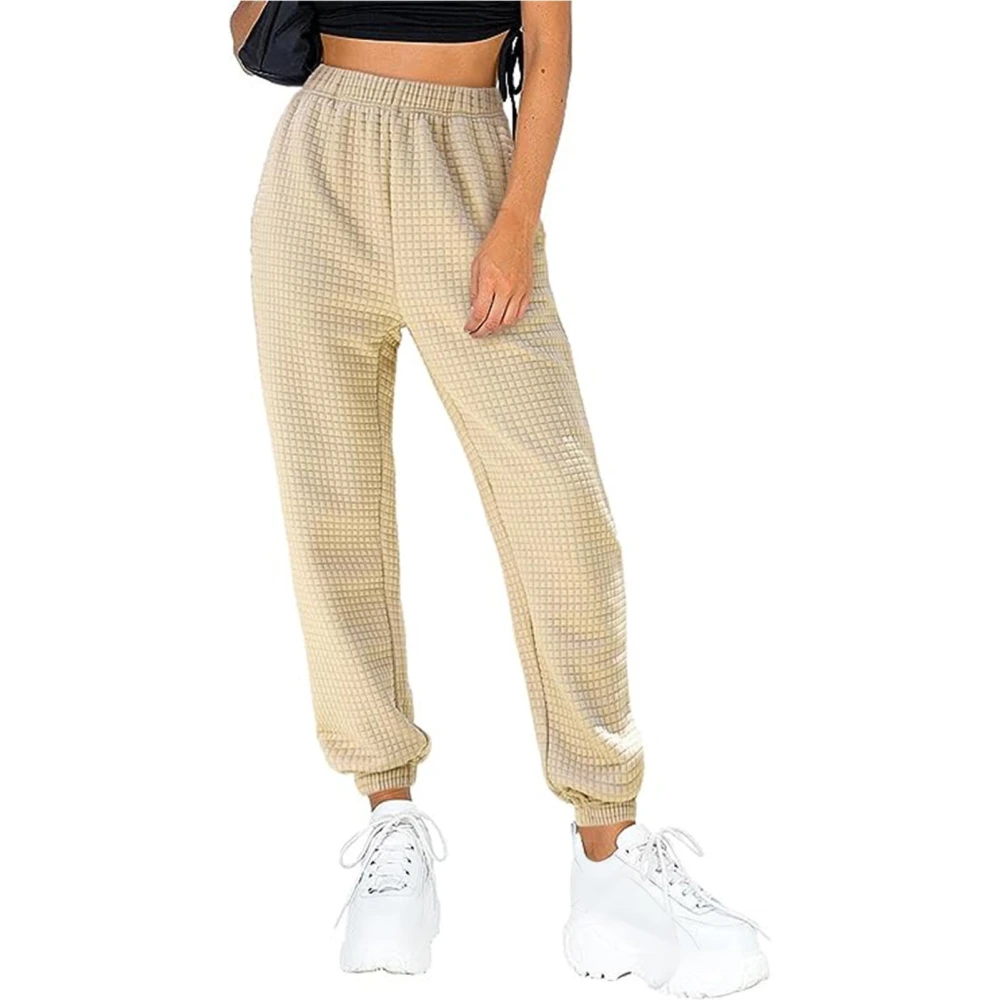 Women Pants Elastic Waist Drawstring Pure Color Comfortable Breathable Casual Sweatpants for Home Dating Beige S