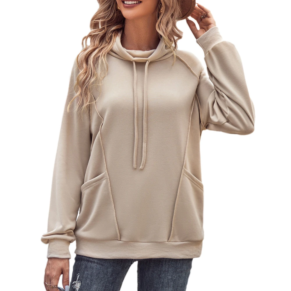 Women Long Sleeve High Neck Sweatshirt Loose Plain Color Drawstring Pullover Athletic Top with Pockets Apricot M