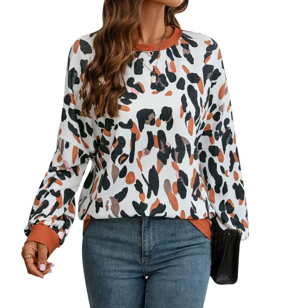 Women Crewneck Long Sleeve Shirt Casual Drop Shoulder Round Neck Printed Top for Autumn Winter Apricot M