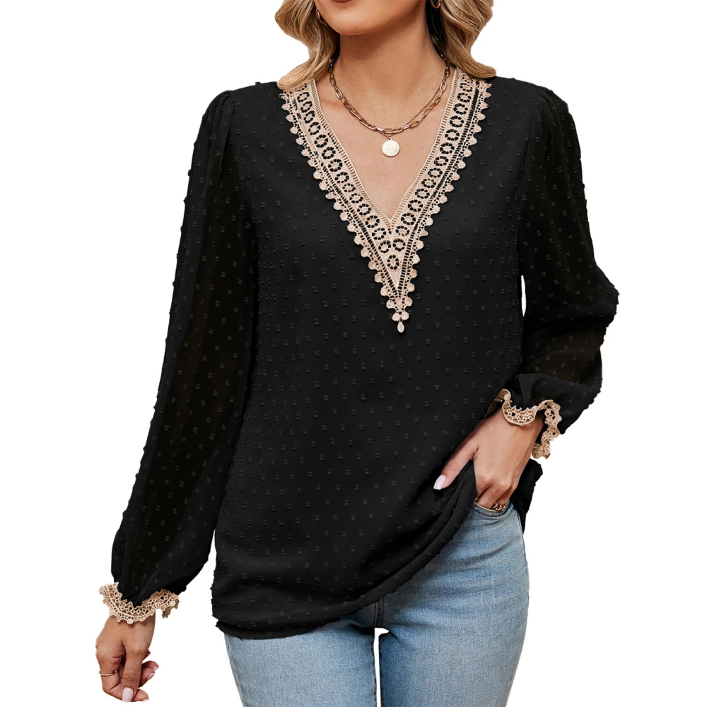 Womens V Neck Blouses Lace Crochet Long Sleeve Loose Casual Dot Tops for Party Shopping Leisure Travel Black L