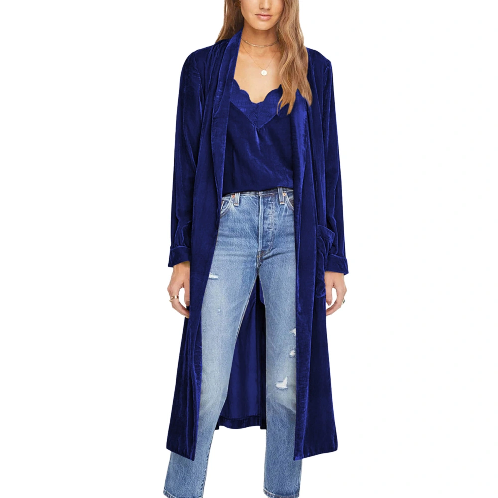 Women Loose Long Velvet Coat Open Front Pure Color Coat Back Split Long Sleeve Casual Long Velvet Casual Overcoat Blue XL