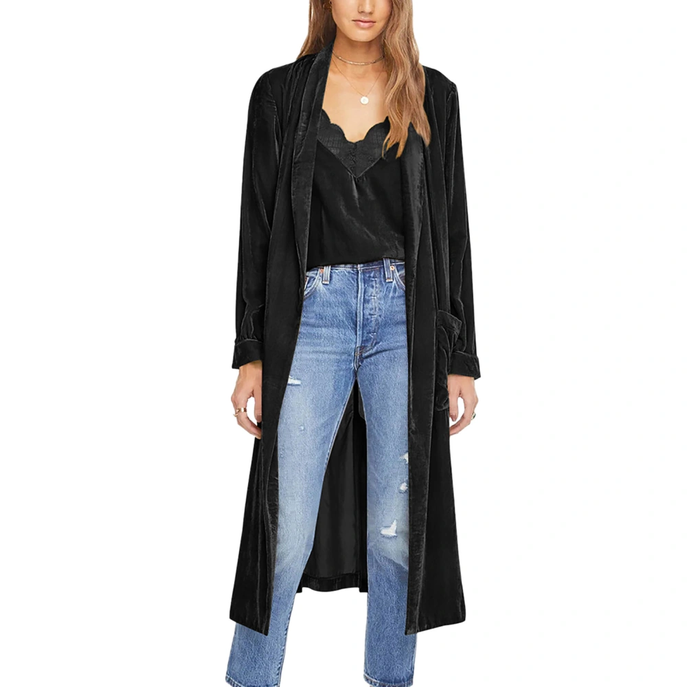 Women Loose Long Velvet Coat Open Front Pure Color Coat Back Split Long Sleeve Casual Long Velvet Casual Overcoat Black L