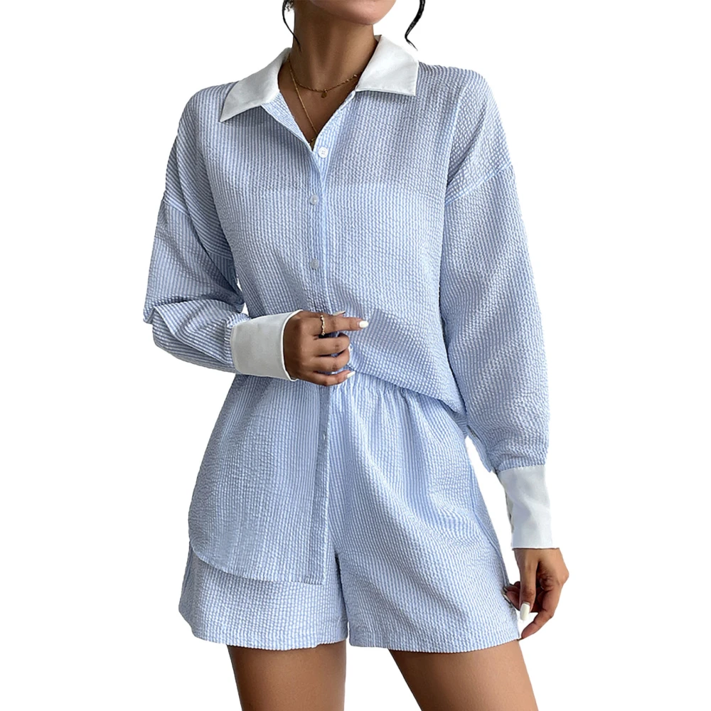 Women 2 Piece Outfits Long Sleeves Shorts Pants Turn Down Collar Shirt Pants Set for Office Blue M