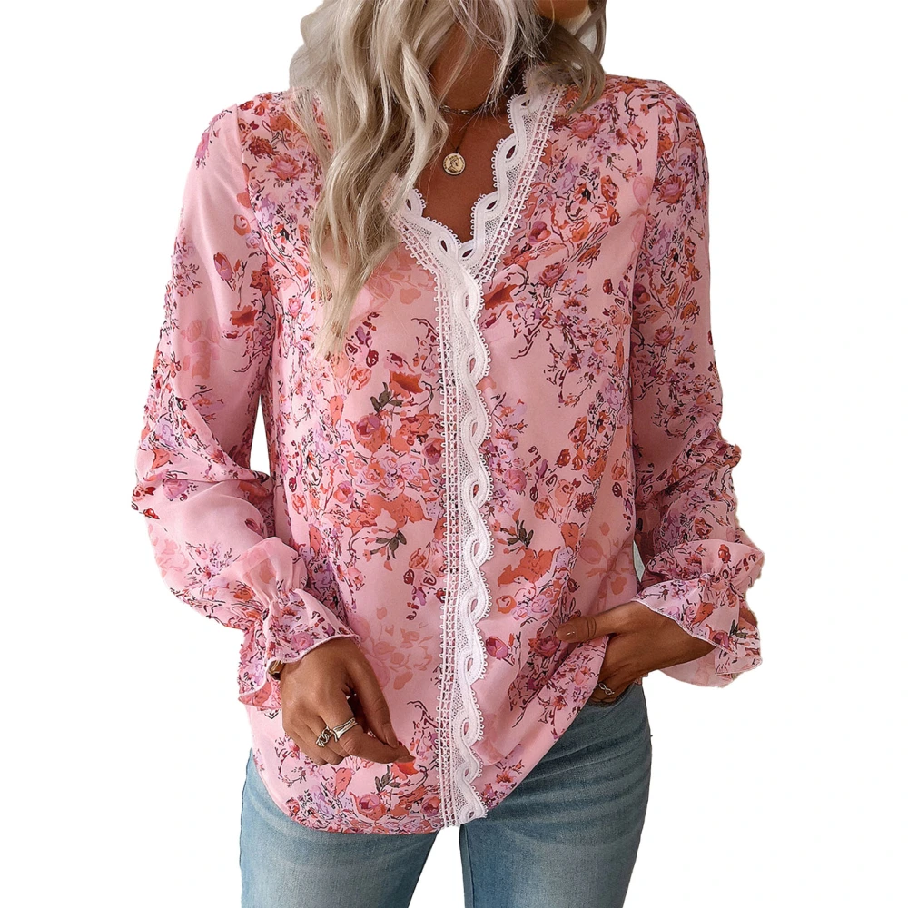 Women Loose Print Blouse V Neck Lace Floral Print Top Loose Hem Cuff Elastic Long Sleeve Stylish Blouse Pink S