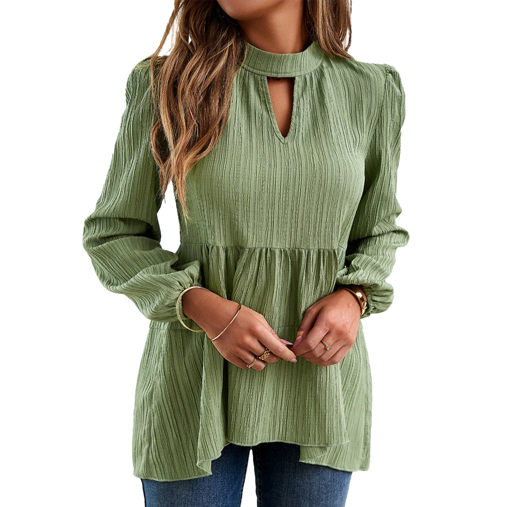 Women Long Sleeved Top Round Neck V Shaped Hollow Mid Length Soft Skin Friendly Long Sleeve Blouse for Shopping Office Green L