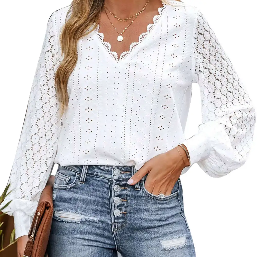 Women Top Hollow Out V Neck Scalloped Long Sleeve Plain Elegant Loose Comfortable Blouse for Holiday Street Work White L