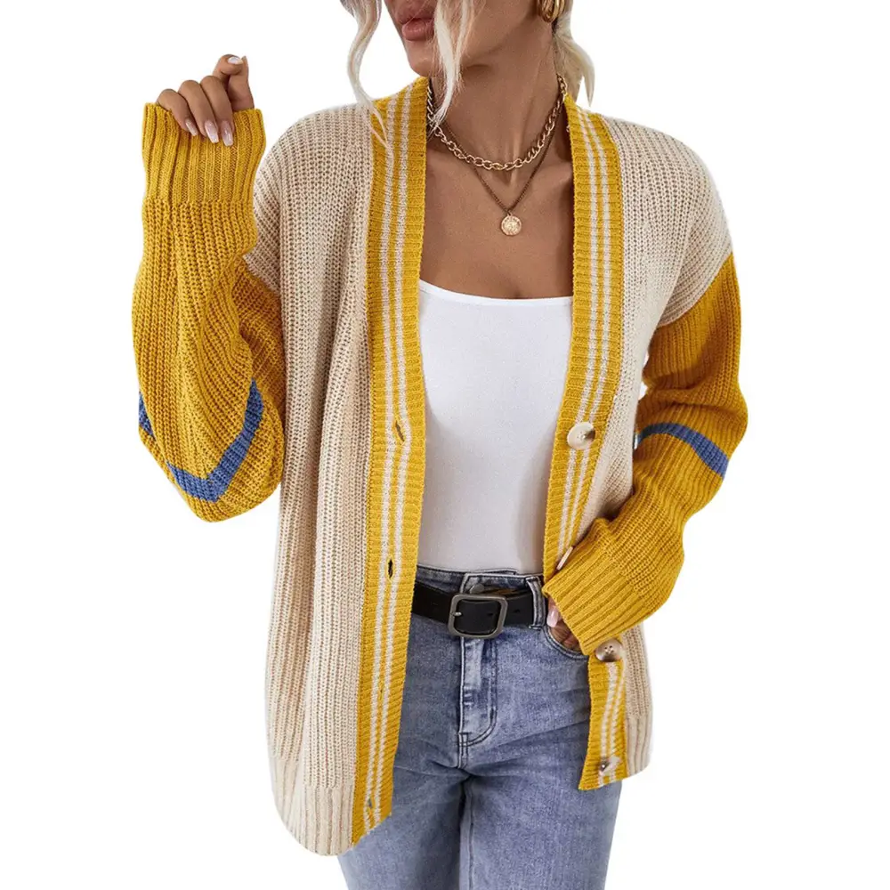 Women Open Front Sweater V Neck Long Sleeve Coat Spring Autumn Color Matching Button Knit Sweater Yellow XL