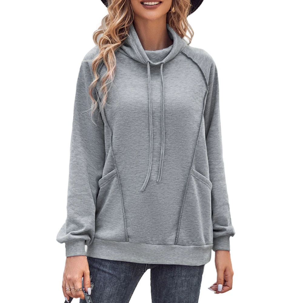 Women Long Sleeve High Neck Sweatshirt Loose Plain Color Drawstring Pullover Athletic Top with Pockets Grey M