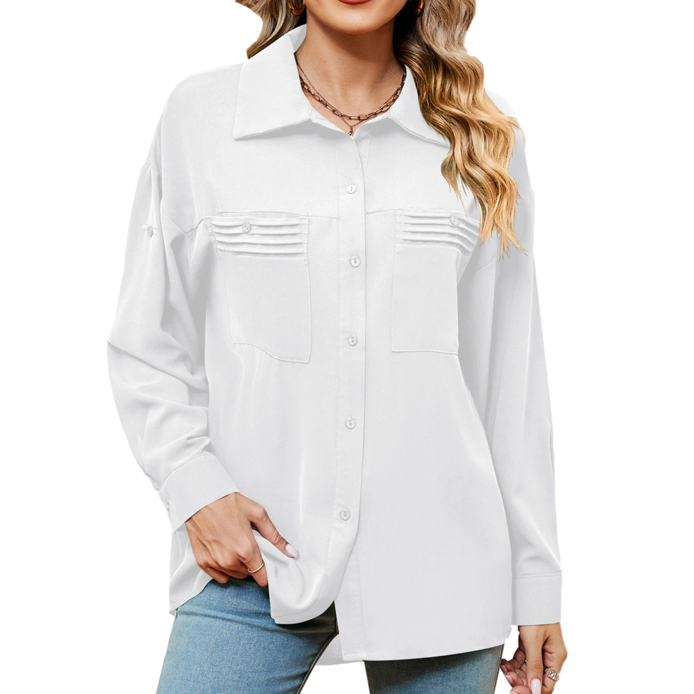 Women Button Up Shirt Turn Down Collar Long Sleeve Loose Fit Fall Blouse with Chest Pockets White L