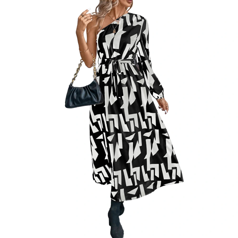 1 Shoulder Long Dress Unique Print Long Sleeves Stylish Maxi Dress for Work Vacation Dating Beach Black XL