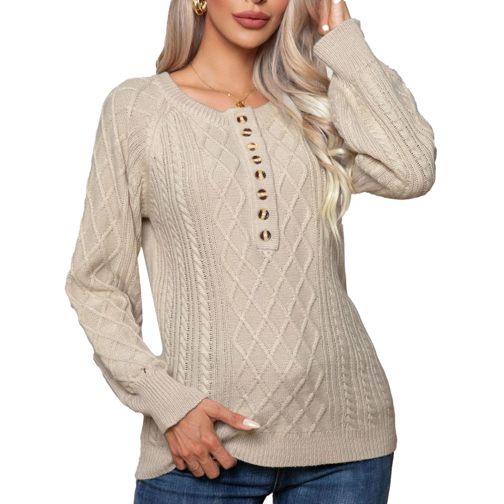 Women Pullover Cable Knit Sweater Button Front Long Sleeve Crew Neck Fall Knitted Sweater Apricot M