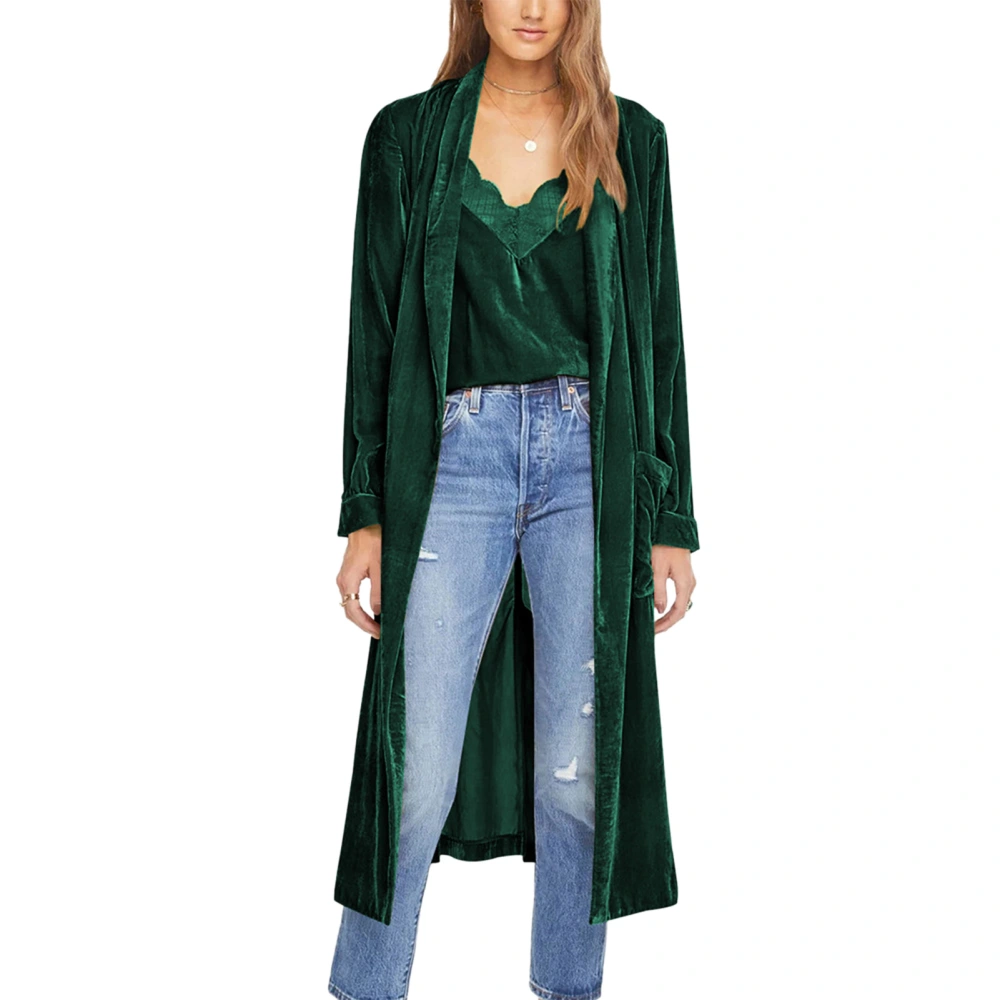 Women Loose Long Velvet Coat Open Front Pure Color Coat Back Split Long Sleeve Casual Long Velvet Casual Overcoat Green XL