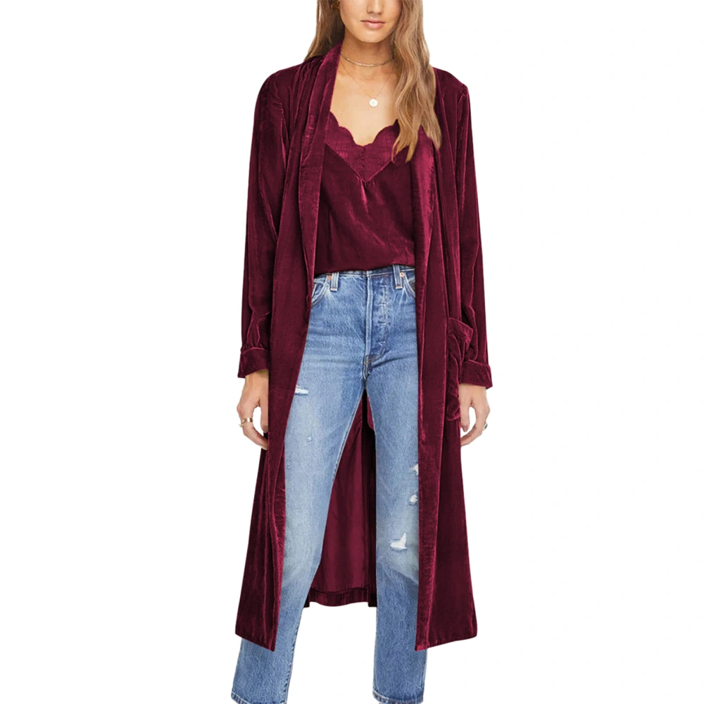 Women Loose Long Velvet Coat Open Front Pure Color Coat Back Split Long Sleeve Casual Long Velvet Casual Overcoat Burgundy L