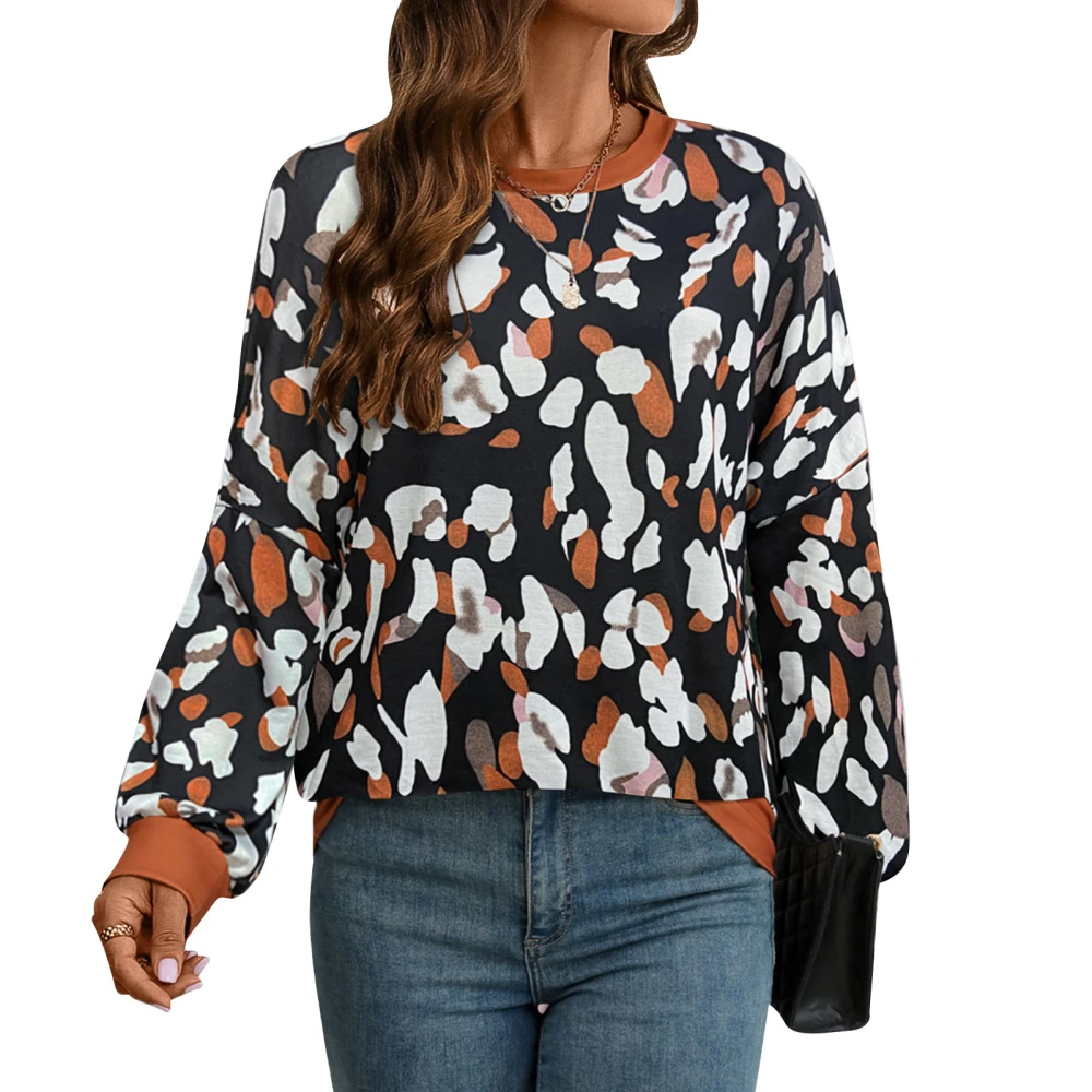 Women Crewneck Long Sleeve Shirt Casual Drop Shoulder Round Neck Printed Top for Autumn Winter Black S