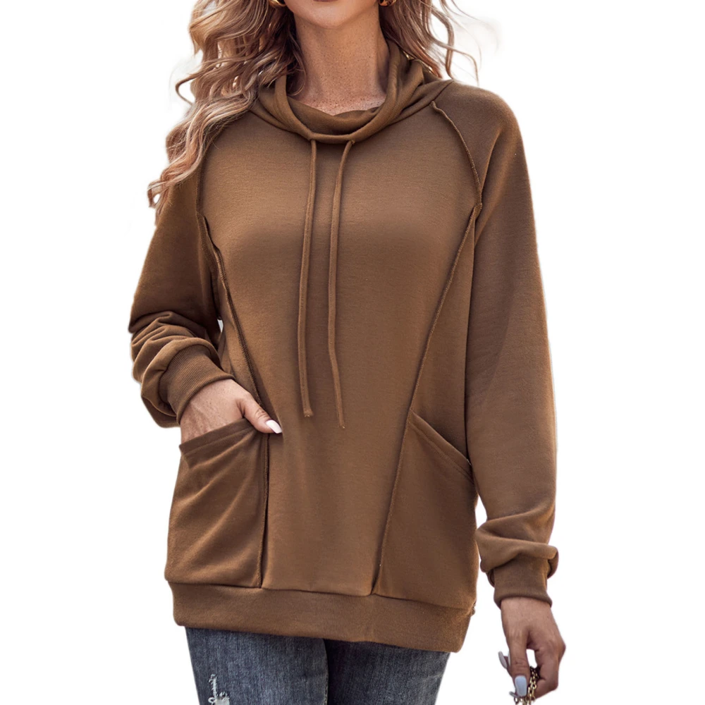 Women Long Sleeve High Neck Sweatshirt Loose Plain Color Drawstring Pullover Athletic Top with Pockets Brown M