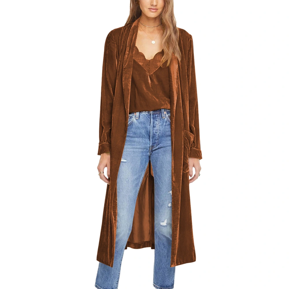 Women Loose Long Velvet Coat Open Front Pure Color Coat Back Split Long Sleeve Casual Long Velvet Casual Overcoat caramel M