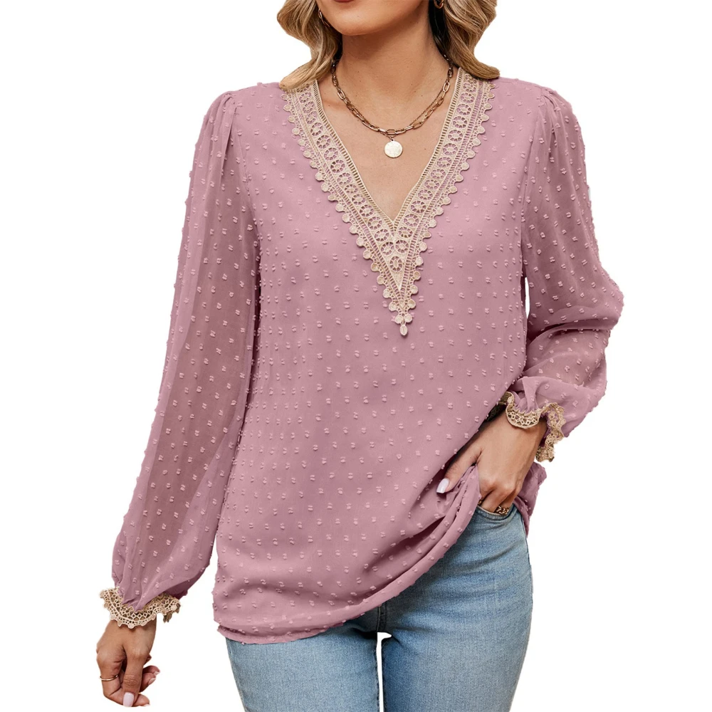 Womens V Neck Blouses Lace Crochet Long Sleeve Loose Casual Dot Tops for Party Shopping Leisure Travel Pink XXL