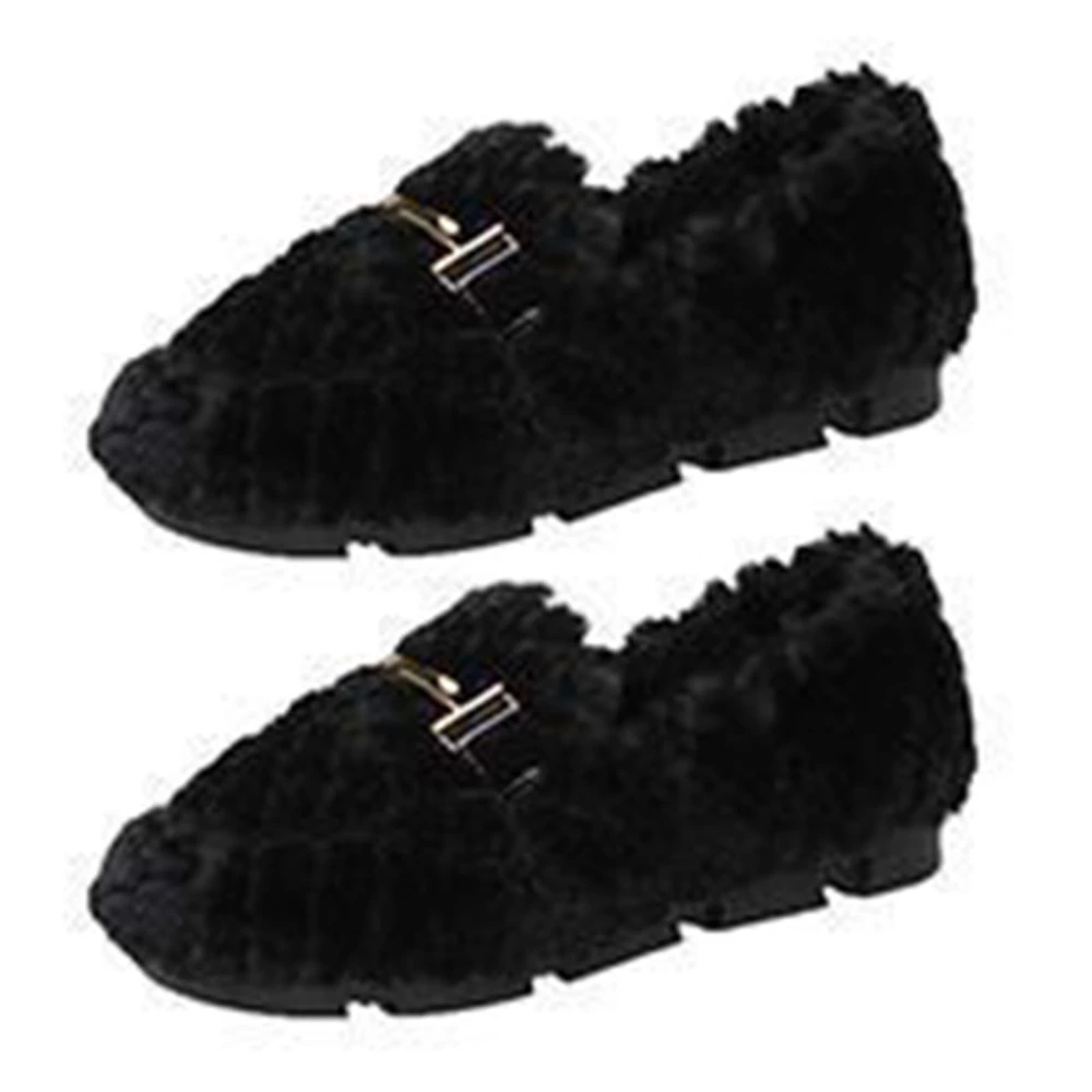 Indoor Suede Shoes Plush Fluffy Warm Keeping Anti Slip Flat Bottom Shoes for Home Outdoor Black 37