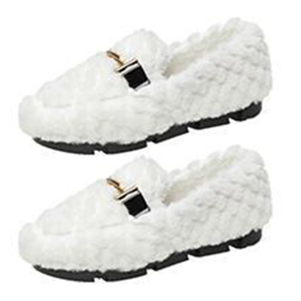 Indoor Suede Shoes Plush Fluffy Warm Keeping Anti Slip Flat Bottom Shoes for Home Outdoor White 37