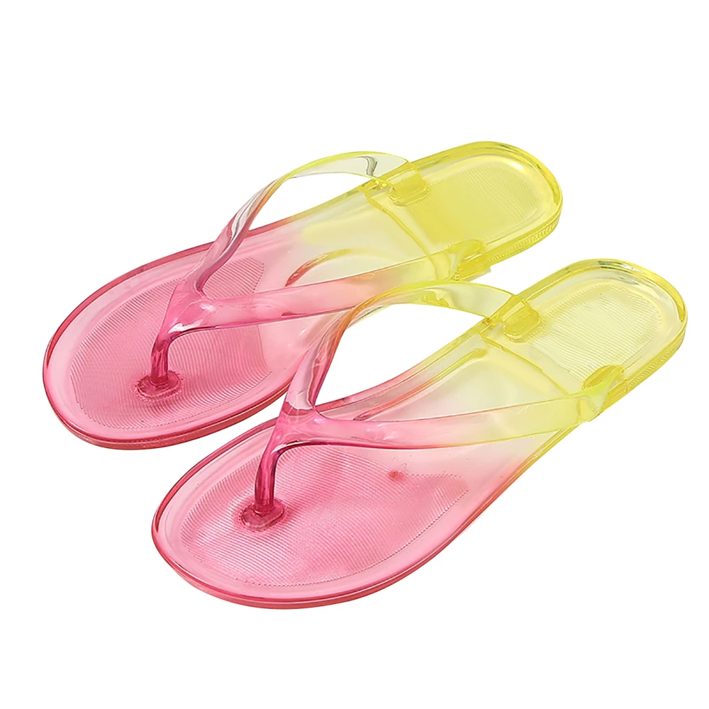 Women Summer Transparent Gradient Flip Flops Soft PVC Casual Fashionable Beach Slippers Sandals Yellow 38