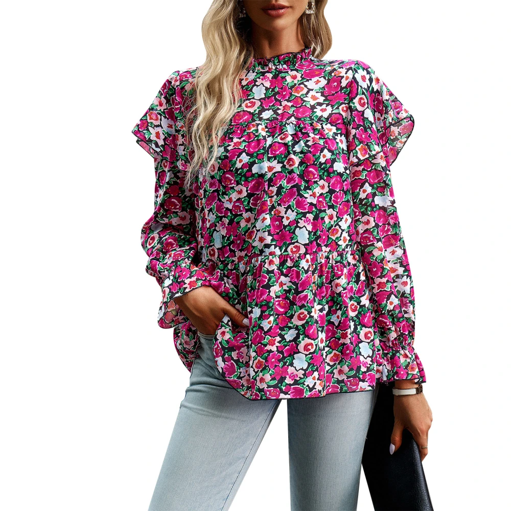 Women Floral Print Ruffle Blouse Round Neck Loose Long Sleeve Ruffle Casual Pullover Blouse Top Red M