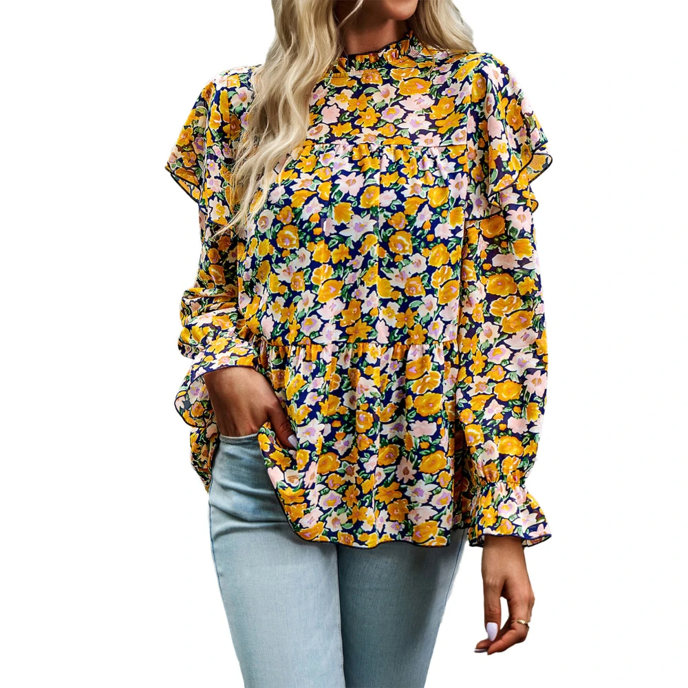 Women Floral Print Ruffle Blouse Round Neck Loose Long Sleeve Ruffle Casual Pullover Blouse Top Yellow M