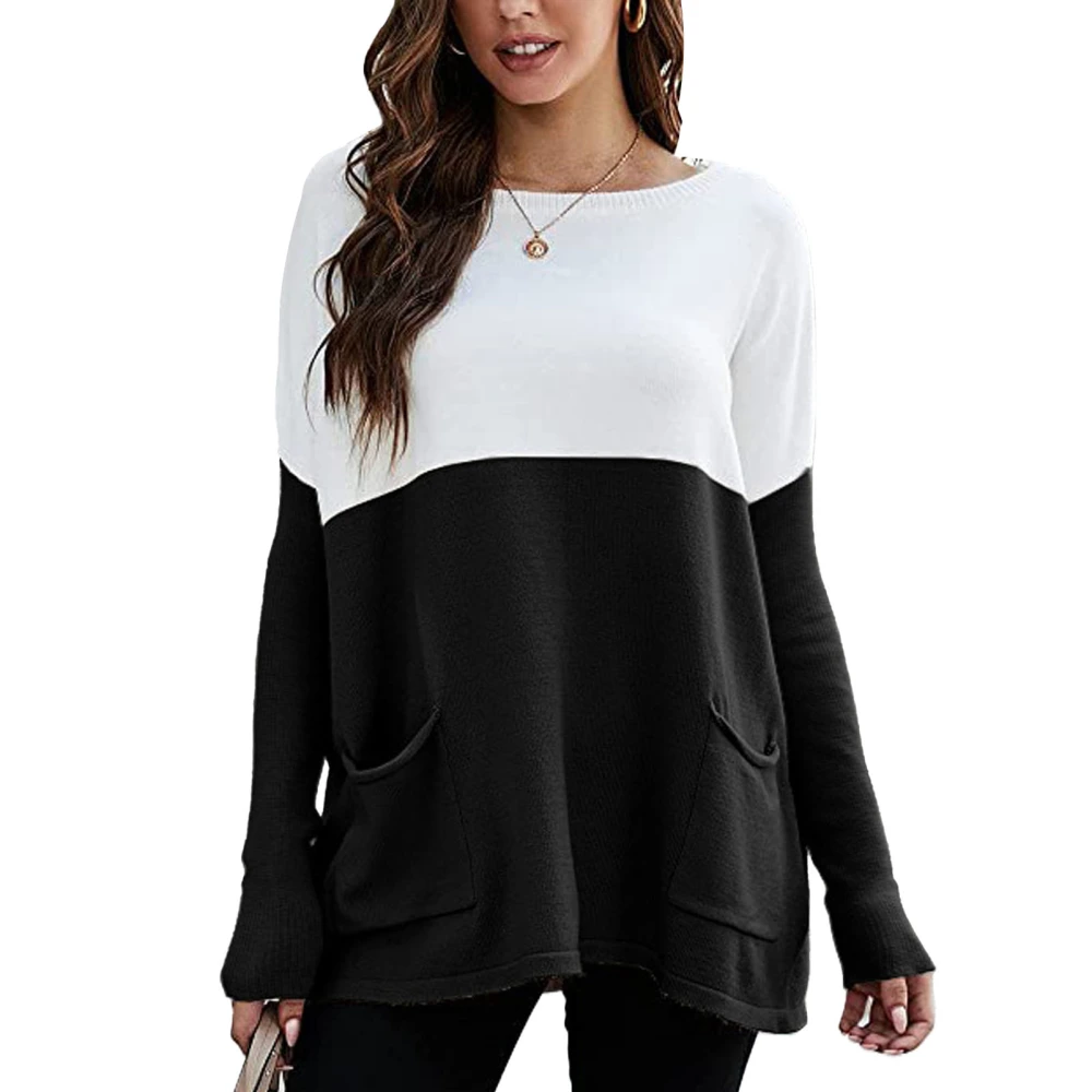 Long Sleeve Crewneck Sweater Women Loose Elegant Color Block Pullover Knit Shirt Top with Pockets Black S