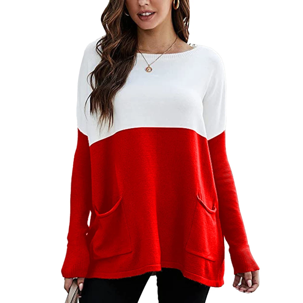 Long Sleeve Crewneck Sweater Women Loose Elegant Color Block Pullover Knit Shirt Top with Pockets Red XL