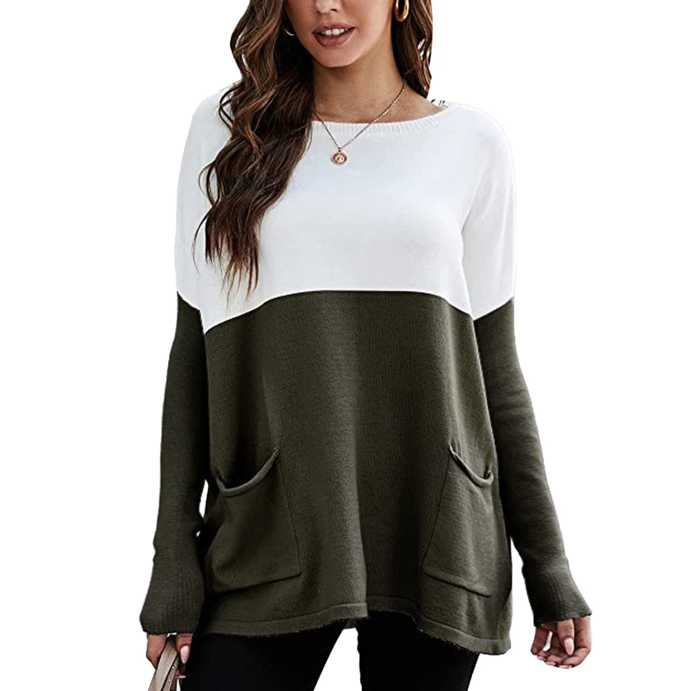 Long Sleeve Crewneck Sweater Women Loose Elegant Color Block Pullover Knit Shirt Top with Pockets OD Green L