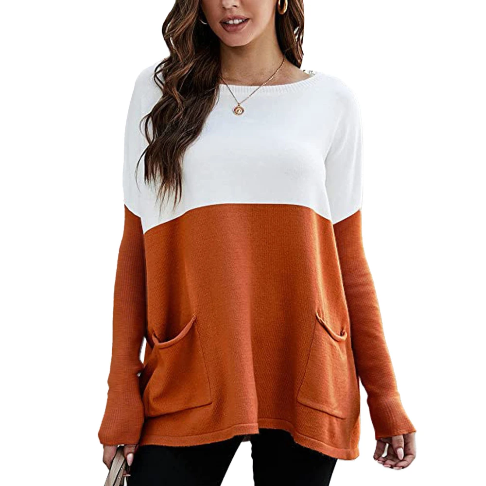 Long Sleeve Crewneck Sweater Women Loose Elegant Color Block Pullover Knit Shirt Top with Pockets Orange M