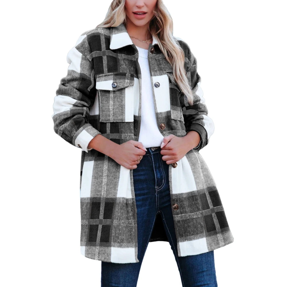 Women Long Sleeve Shacket Drop Shoulder Loose Fit Plaid Shirt Jacket with Chest Pockets Dark Gray XXL