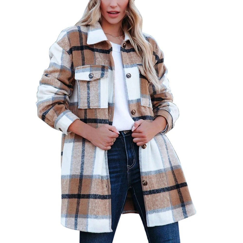 Women Long Sleeve Shacket Drop Shoulder Loose Fit Plaid Shirt Jacket with Chest Pockets Khaki S