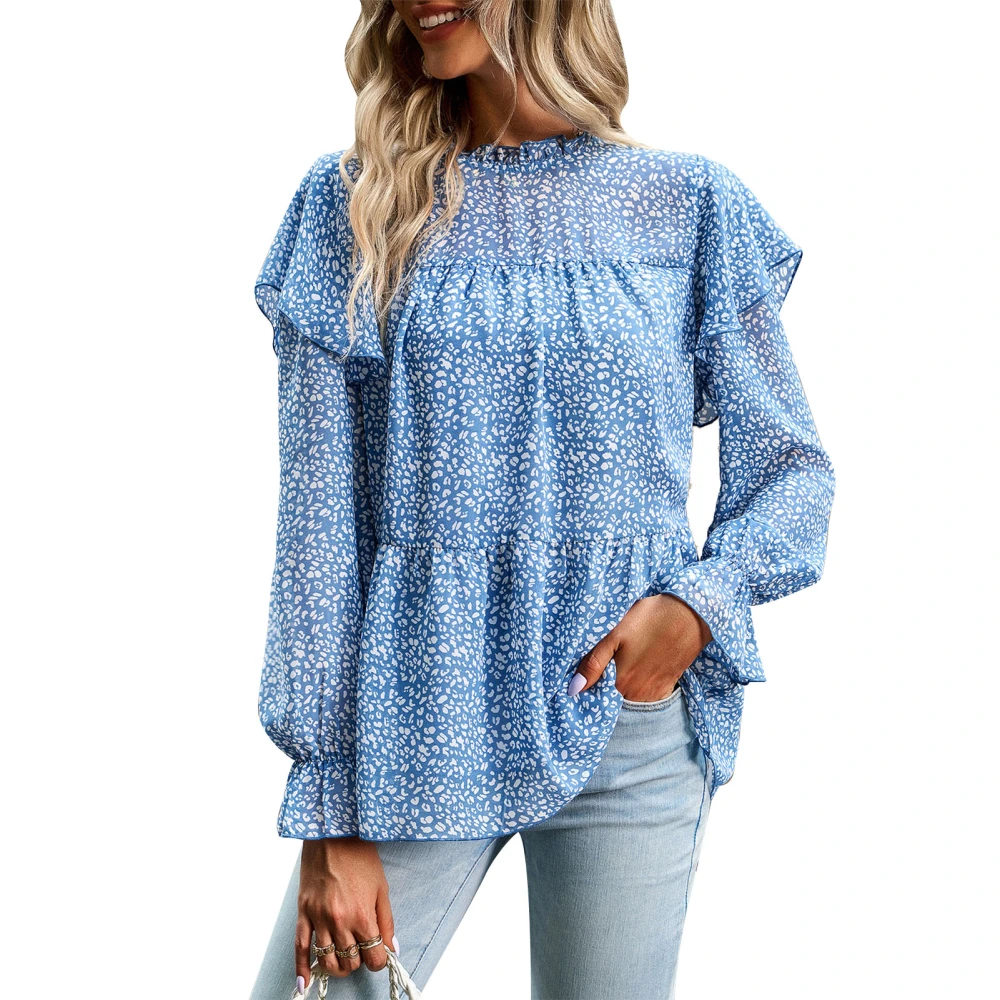 Women Floral Print Ruffle Blouse Round Neck Loose Long Sleeve Ruffle Casual Pullover Blouse Top Blue M