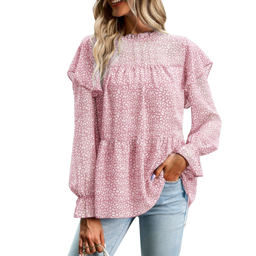 Women Floral Print Ruffle Blouse Round Neck Loose Long Sleeve Ruffle Casual Pullover Blouse Top Pink S