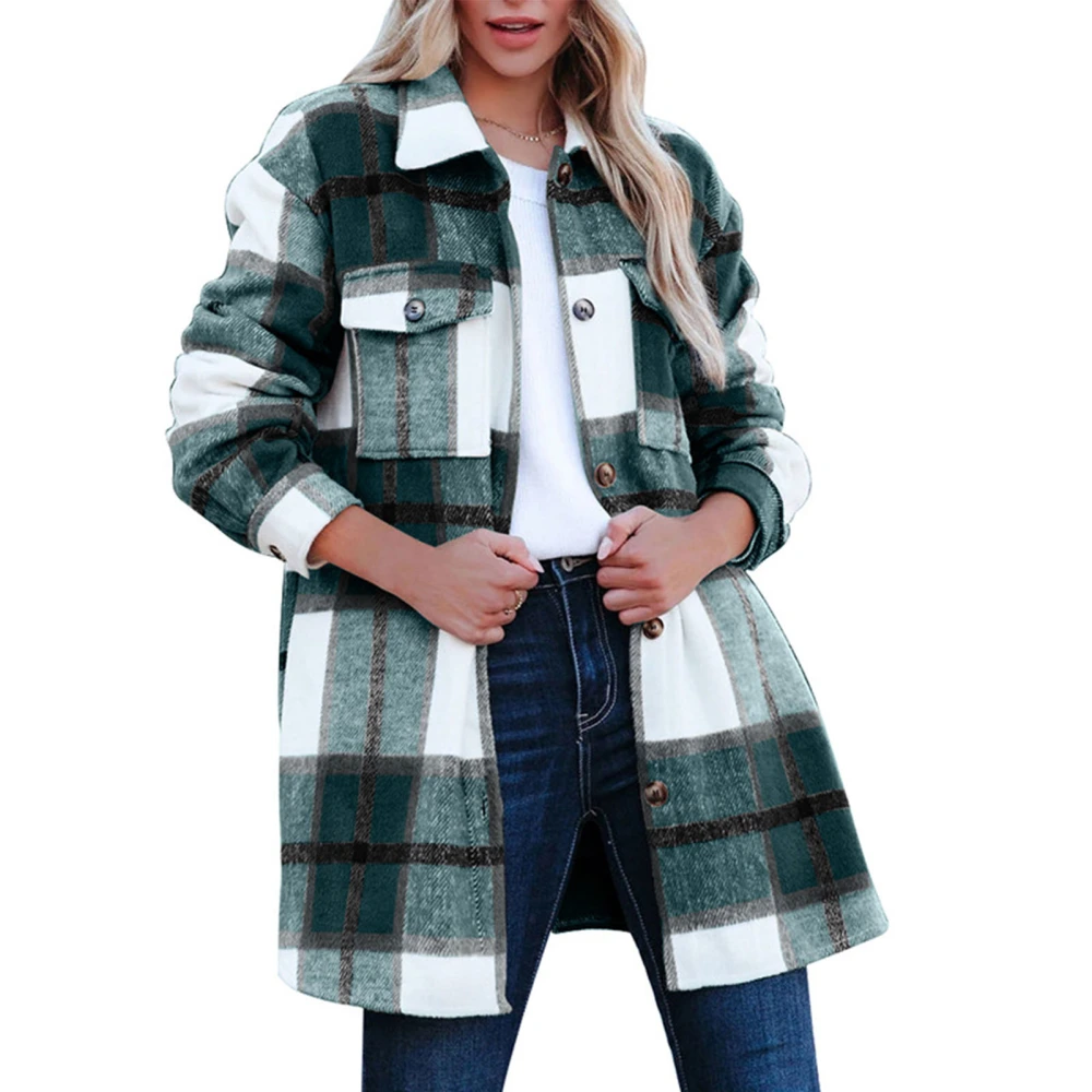 Women Long Sleeve Shacket Drop Shoulder Loose Fit Plaid Shirt Jacket with Chest Pockets Green XL