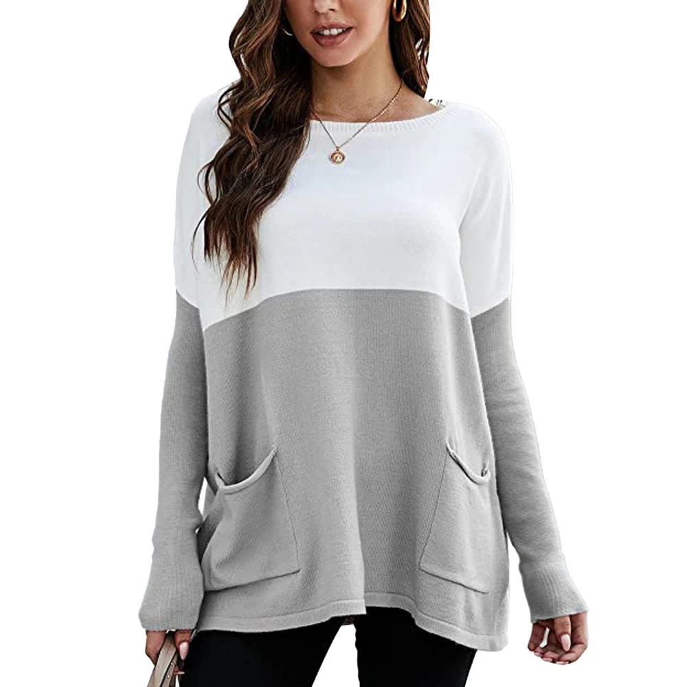 Long Sleeve Crewneck Sweater Women Loose Elegant Color Block Pullover Knit Shirt Top with Pockets Light Gray 2XL