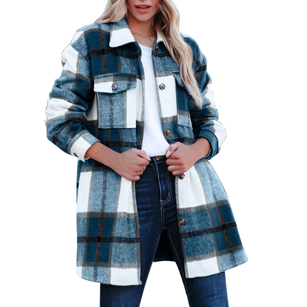 Women Long Sleeve Shacket Drop Shoulder Loose Fit Plaid Shirt Jacket with Chest Pockets Blue S