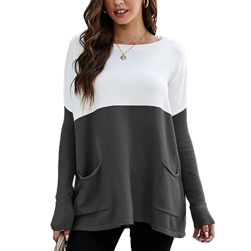 Long Sleeve Crewneck Sweater Women Loose Elegant Color Block Pullover Knit Shirt Top with Pockets Dark Grey XL