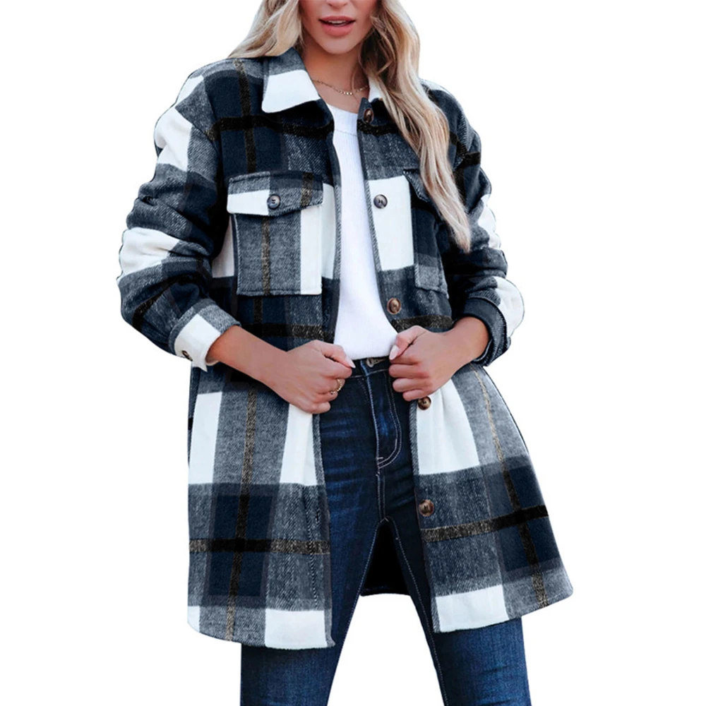 Women Long Sleeve Shacket Drop Shoulder Loose Fit Plaid Shirt Jacket with Chest Pockets Navy Blue XXL