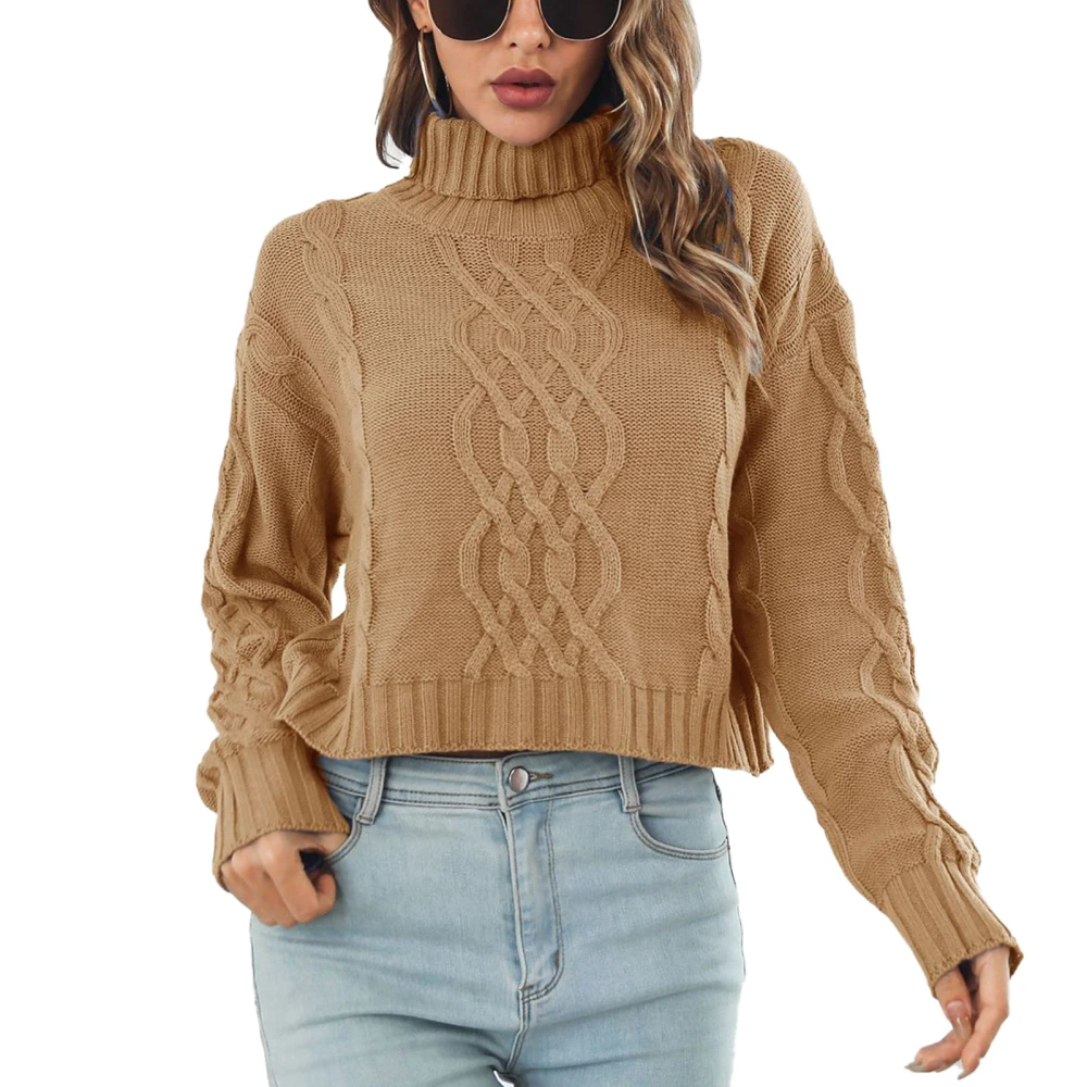 Women Turtleneck Pullover Sweater Long Sleeve Loose Fit Casual Cable Knit Warm Sweater Wheat Yellow M