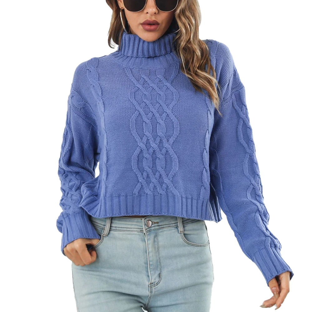 Women Turtleneck Pullover Sweater Long Sleeve Loose Fit Casual Cable Knit Warm Sweater Blue L