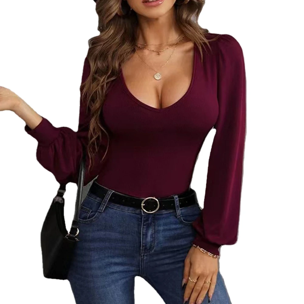 Long Sleeve Fitted T Shirt V Neck Pure Color Casual Comfortable Slim Bottom Shirt for Party Shopping Dark Red XL