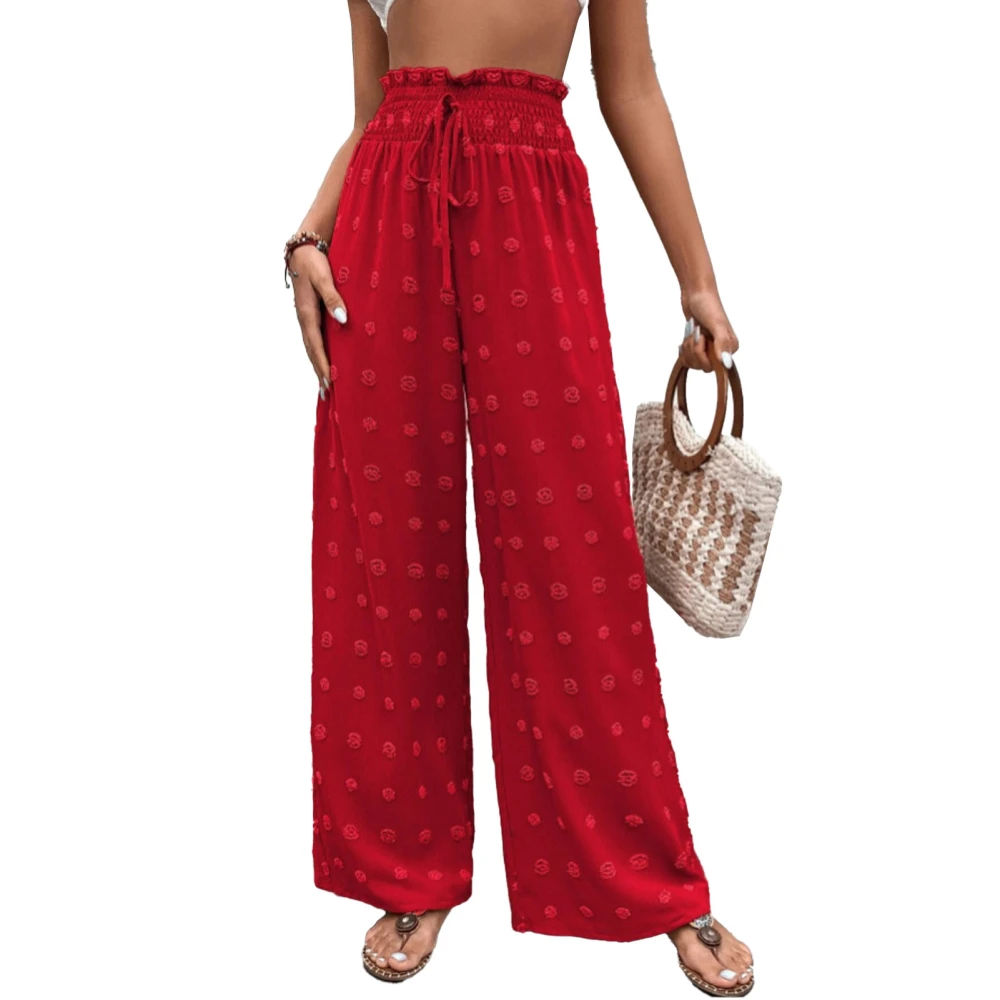 Women Trousers Straight Wide Leg Soft Breathable Fashion Casual Shirred Waist Lace Up Pants Red M