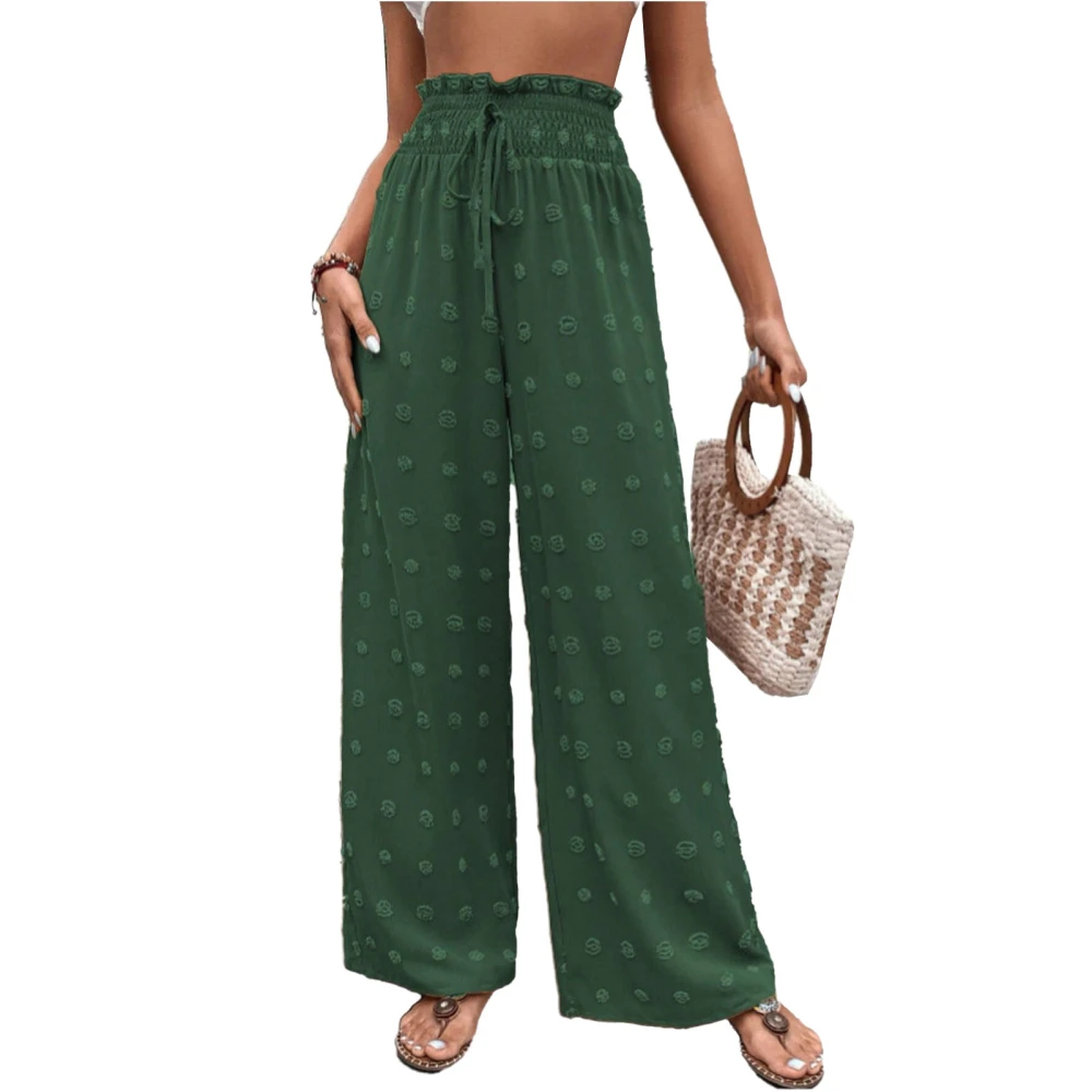 Women Trousers Straight Wide Leg Soft Breathable Fashion Casual Shirred Waist Lace Up Pants Green S