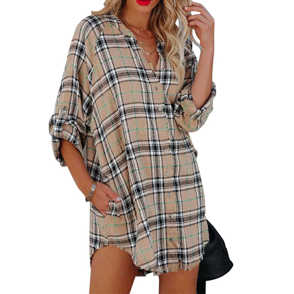 Shirt Dress Plaid Button Down Long Sleeve Dress V Neck Midi Dress for Office Dating Job Daily Outdoor Khaki XL