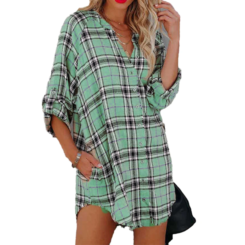 Shirt Dress Plaid Button Down Long Sleeve Dress V Neck Midi Dress for Office Dating Job Daily Outdoor Green L