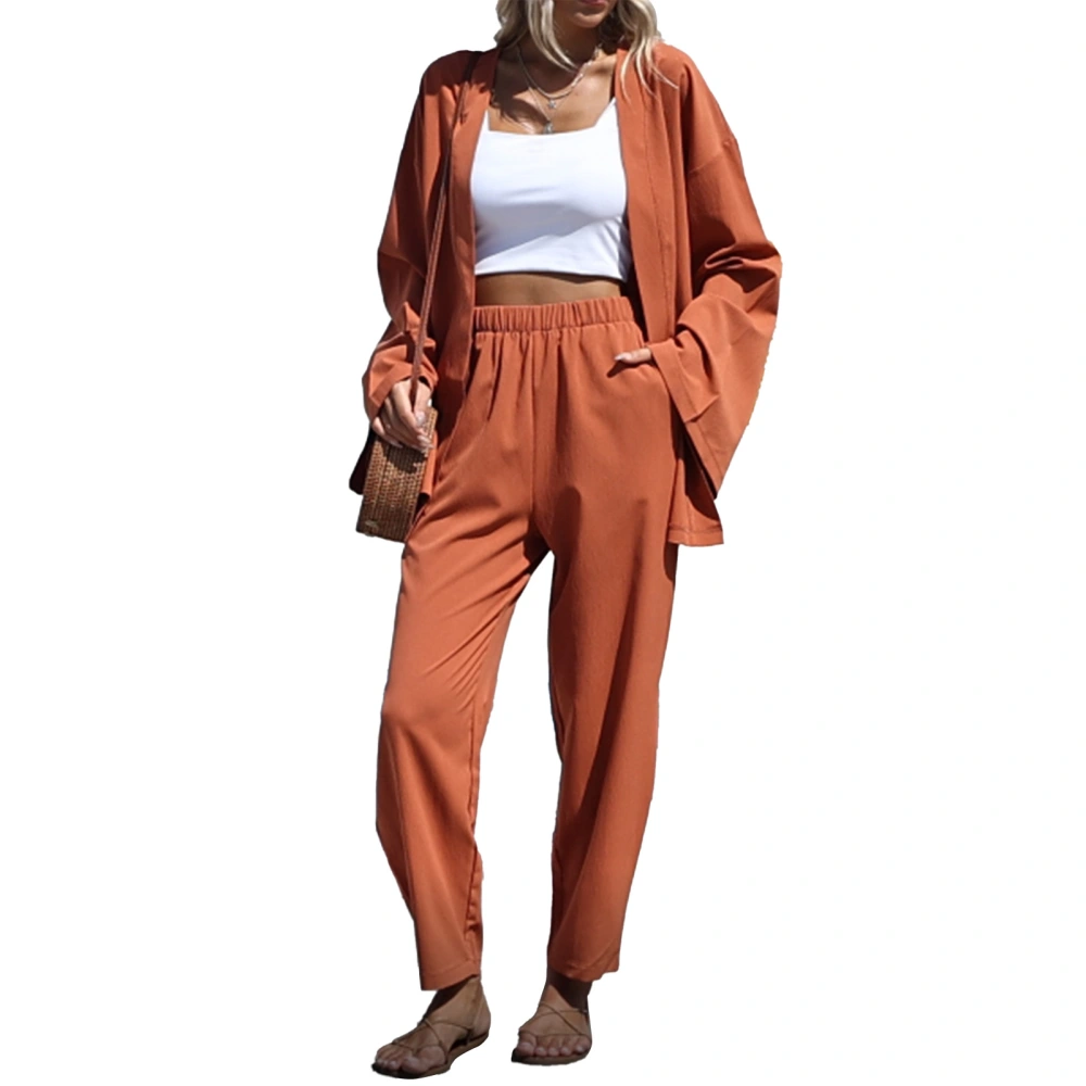 Women Loose Jacket Pants Set Long Sleeved Elastic Solid Color Casual Fashion Suit Orange S