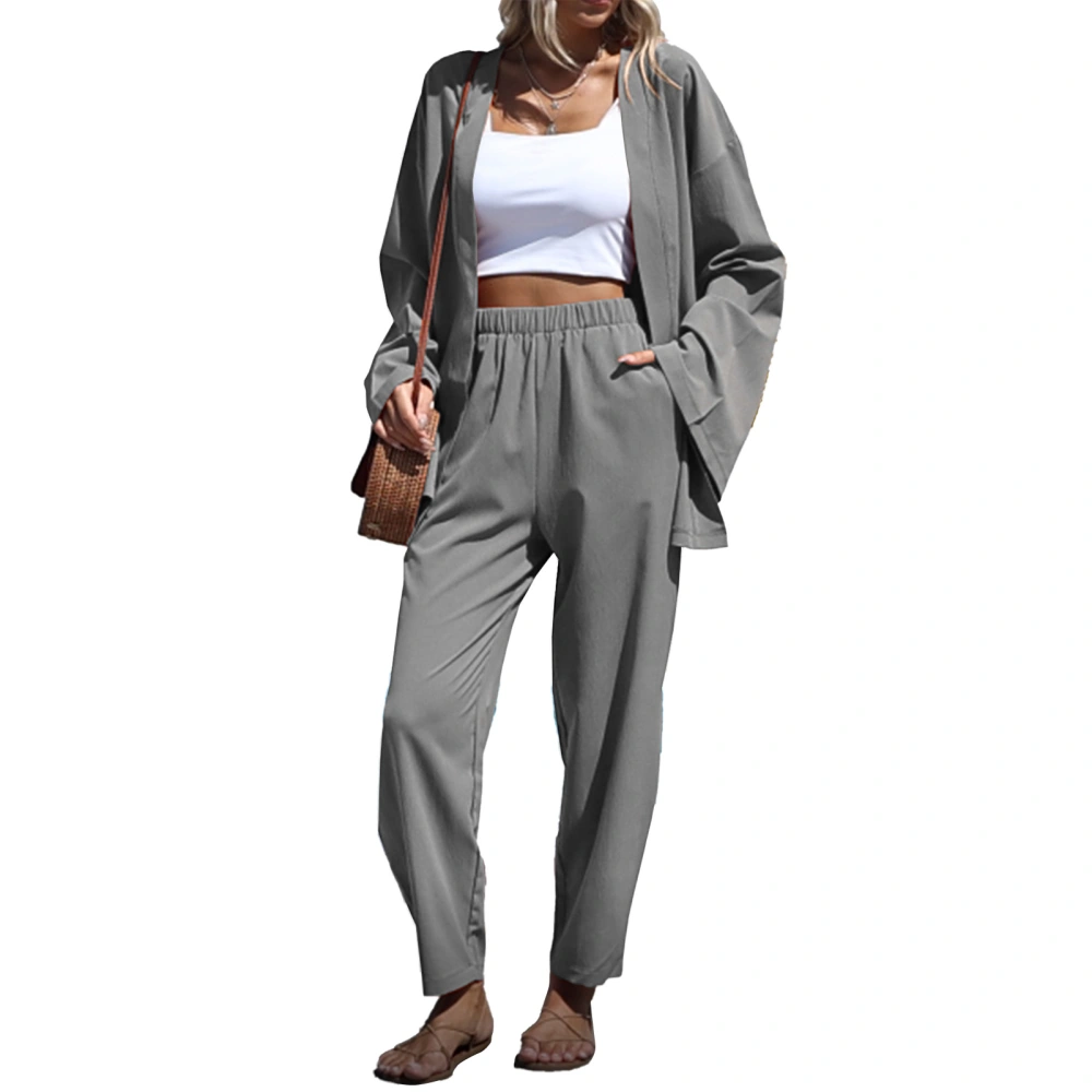 Women Loose Jacket Pants Set Long Sleeved Elastic Solid Color Casual Fashion Suit Gray XL